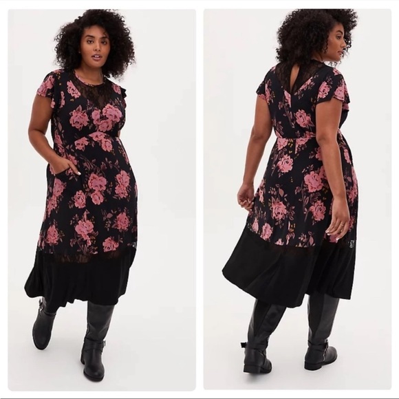 torrid Dresses & Skirts - Torrid- Midi Floral Studio Knit Dress w/ Lace Trim- 2